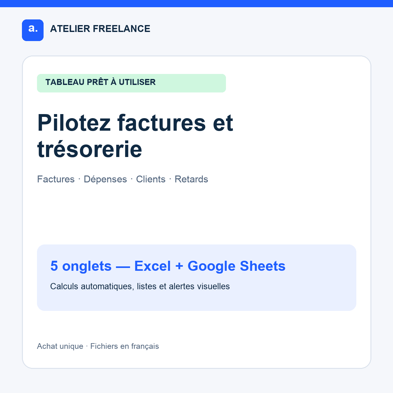 Tableau Pilotage Freelance, cinq onglets pour factures et trésorerie
